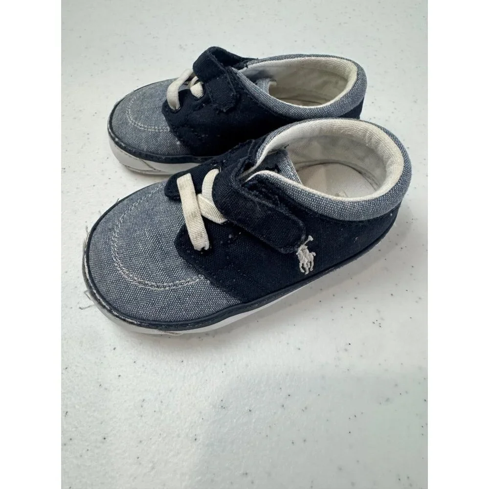 Ralph Lauren Polo Baby Boys Navy & Denim Canvas Shoes With Velcro Strap Size 2 S